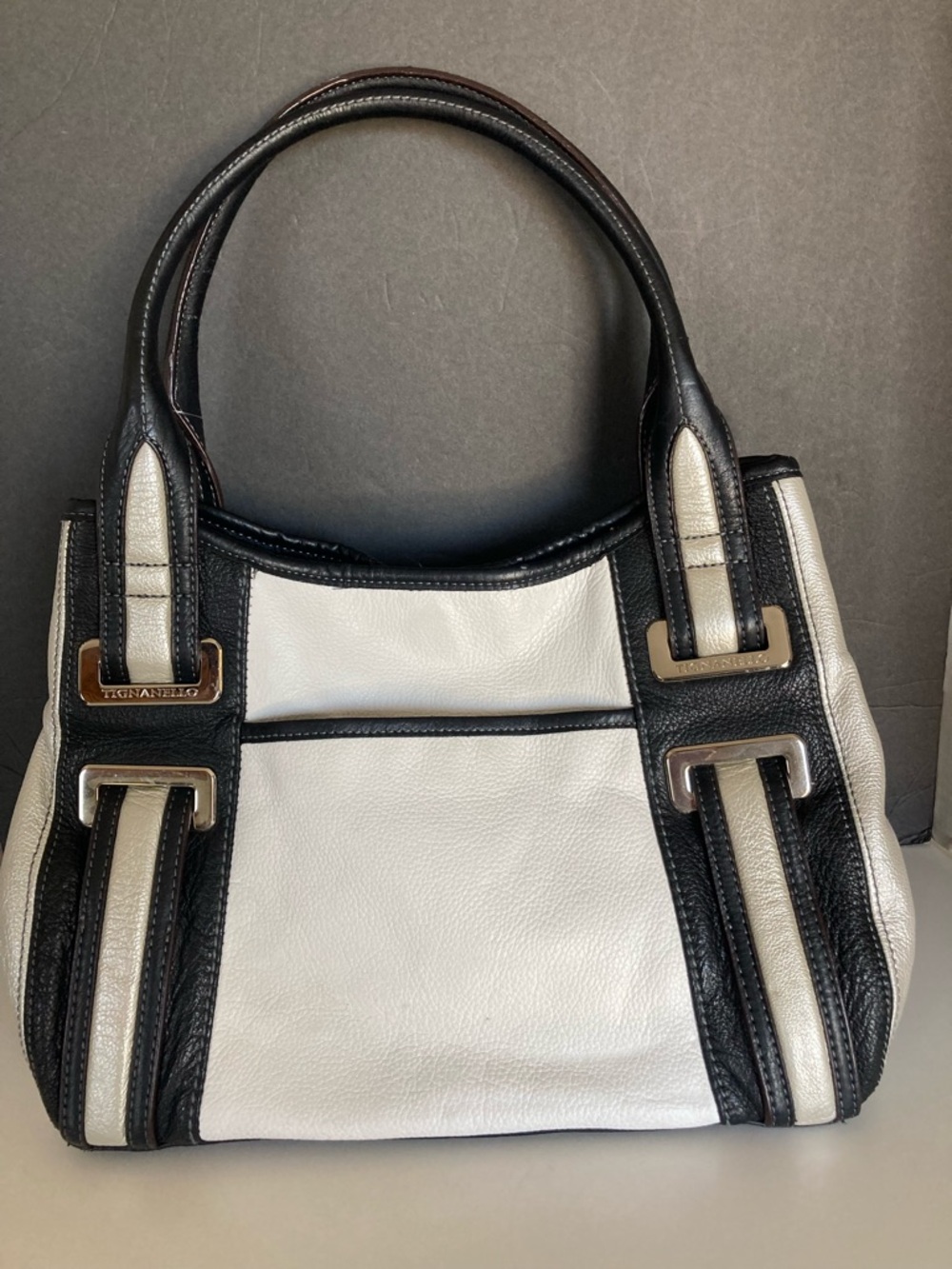 Tignanello White, Black and Pearl Multi Compartment Structured Leather Tote Bag